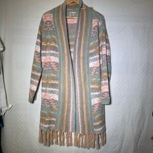 FASHION APPAREL & ACCESSORIES Aztec fringe bottom midi open front cardigan large
